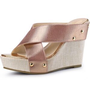 Open Toe Platform Linen Slide Wedge Sandals Rose Gold